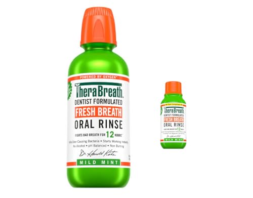 TheraBreath Fresh Breath Mouthwash, Mild Mint, Alcohol-Free, 16 fl oz + Travel Size, 3 fl oz