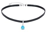 CPSLOVE Fashion Damen Halsreife Halskette 925 Silber Ketten mit Blauer Teardrop Zirkonia Anhänger für Mädchen Elegante Choker Ketten mit Schwarze Lederkordelkette