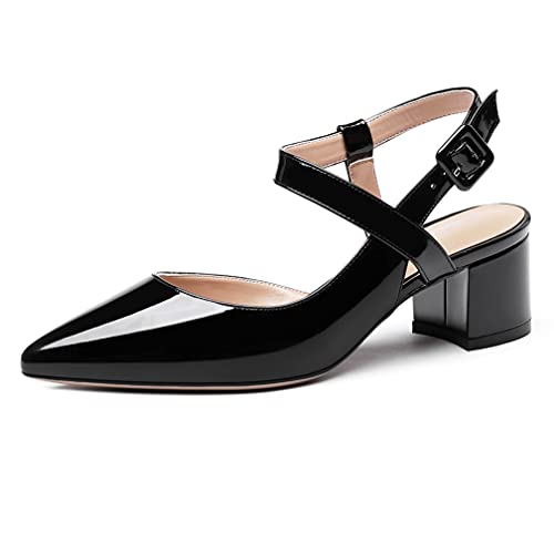 WAYDERNS Women's Solid Ankle Strap Block Pointed Toe Patent Leather Slingback Block Chunky Low Heel Pumps Shoes 2 Inch