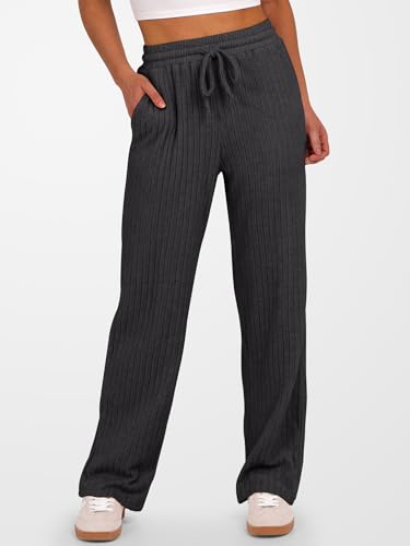 ANRABESS Womens Ribbed Knit Lounge Pajama Pants Soft Fuzzy Comfy Straight Leg Drawstring Fall Loose Pj Bottoms with Pockets3