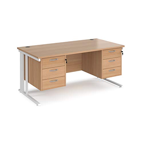 Image of Mr Office Maestro 25 straight desk 800mm deep with two and 3 drawer pedestals - white cable managed leg, 1600, Beech