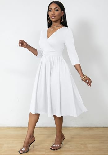 Nmoder Women's Wrap Dress Cocktail Church Wedding Midi Dress A-Line V Neck 3/4 Sleeve Casual Dresses with Pockets2