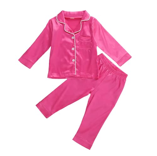 Image of Kids Baby Girl Boy Satin Pajamas Set Button Down Sleep Shirt Top+Long Pants Bottoms Sleepwear Loungewear Clothes