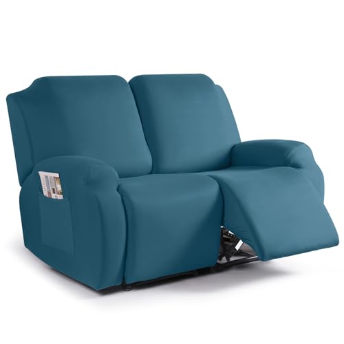 Image of TAOCOCO Recliner Loveseat Slipcover, 2 Pieces Polyester Fabric Stretch Sofa Covers for 2 Seat Reclining Couch, Soft Washable Furniture Protector with Pockets (2 Seat, Turquoise Blue)