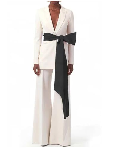 Women's Two Pieces Suit Casual Dinner Jacket Pants Peak Lapel Tuxedos with Belt3