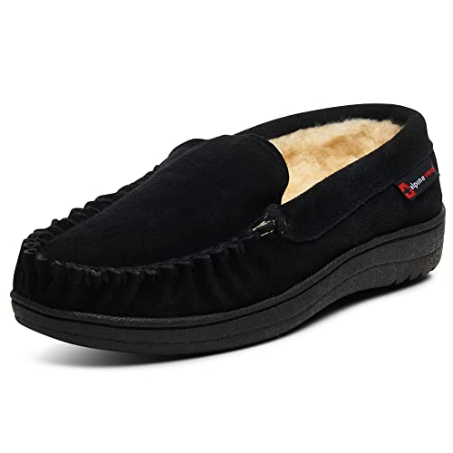 Image of Alpine Swiss Men's Moccasin Slippers Genuine Suede Slip-On House Shoes Memory Foam Insoles Plush Faux Shearling Lining Comfortable Indoor Outdoor Slipper with Anti-Slip Rubber Sole