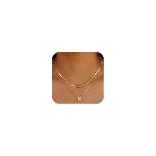 Bubble Letter Necklace for Women – Gold Zircon Initial Necklaces 14k Dainty Gold Plated Non-Tarnish Herringbone Layered Necklaces Hypoallergenic Gift