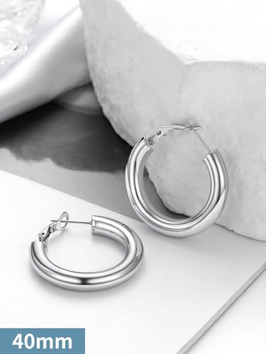 Image of Stainless Steel Chunky Hoop Earrings For Women, Minimalist and Chic, Black /Gold Plated, Round Hoops Earrings Hypoallergenic, Size: 30mm /40mm /60mm /80mm, Come with Box