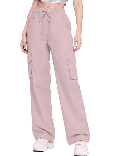 Image of Betusline Girls & Women's High Waist Wide Leg Cargo Pants Y2K Parachute Pants with Pockets and Drawstring 6 Years-Women 2XL