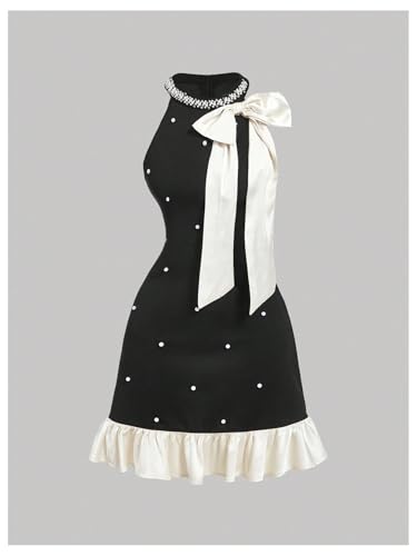 SweatyRocks Girl's Bow Pearl Sleeveless Princess Dress Color Block Ruffle Hem Summer Dresses3