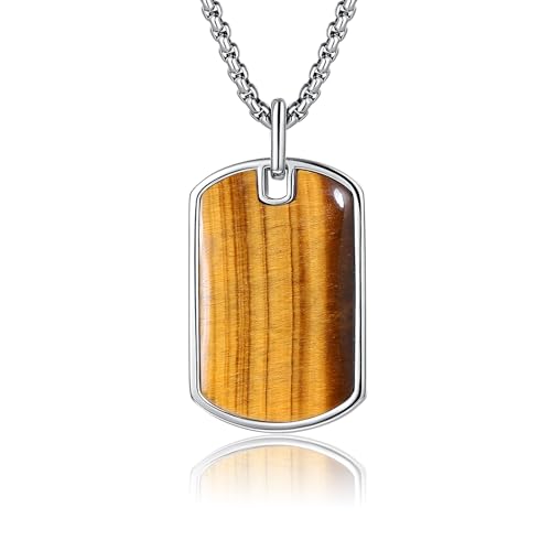 S925 Sterling Silver Dog Tag Pendant Necklace for Men Tigers Eye/Blue Sandstone/Malachite Jewelry Gift for Men with Stainless Steel Rolo chain 20+2