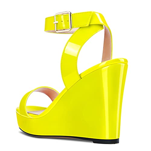 Image of Aachcol Women Platform Wedge Sandals Round Peep Open Toe Ankle Strap Slingback Two-Piece Chunky Block High Heel Dress Shoes Pumps Party Patent 4 Inch