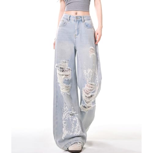 Vintage Cute High Waisted Straight Leg Denim Pants Fashion Y2K Lace Rhinestone Printed Ripped Fringe Jeans3