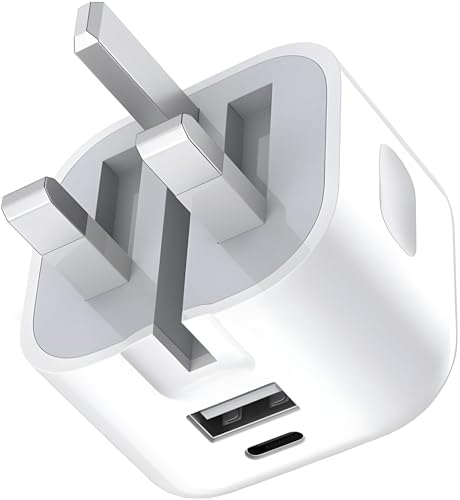 20W Dual Port USB C Charger Plug for iPhone 17e/17/17 Pro/17 Pro Max/17 Air 16/16e/16 Pro/16 Plus 15/15 Pro/Pro Max PD + USB A Fast Charging UK 3 Pin Foldable Wall Adapter (WHITE)