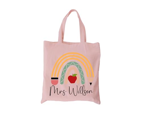 Bolso tote personalizado para maestro con diseño de arco iris y manzana miniatura 4