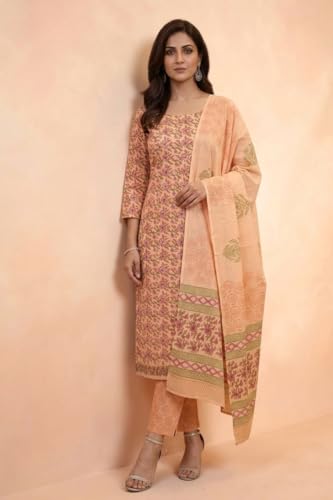 Image of Eddika women unstitched hand block printed cotton suit set with mulmul dupatta ehbpcswmd0120P