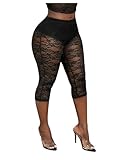 Milumia Women's See Through Lace Leggings Sexy High Waist Sheer Capri Pants Rave Outfit Black Small