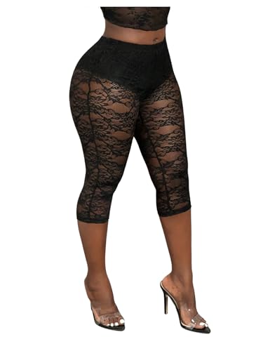 Milumia Women's See Through Lace Leggings Sexy High Waist Sheer Capri Pants Black Small