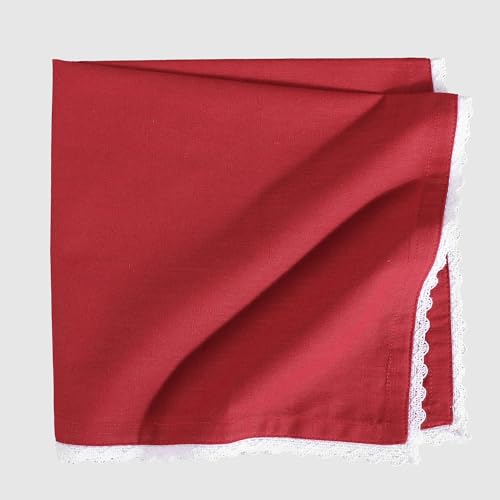 Image of FINGERCRAFT Lace Trim Cloth Napkins Set of 6, 20x20 Inch 100% Cotton Dinner Napkins, Reusable Washable Table Napkins for Wedding, Farmhouse Dining, Parties & Home Decor (Tango Red)