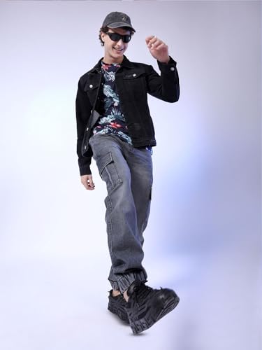 Image of The Indian Garage Co Men Regular Fit Solid Mid-Rise Stretchable Denim Cargo Joggers