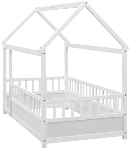 Miniatura 7 de anwickjeff Cama Montessori de madera con valla y techo para niños, moderno marco de cama individual para niños y niñas (blanco, individual)