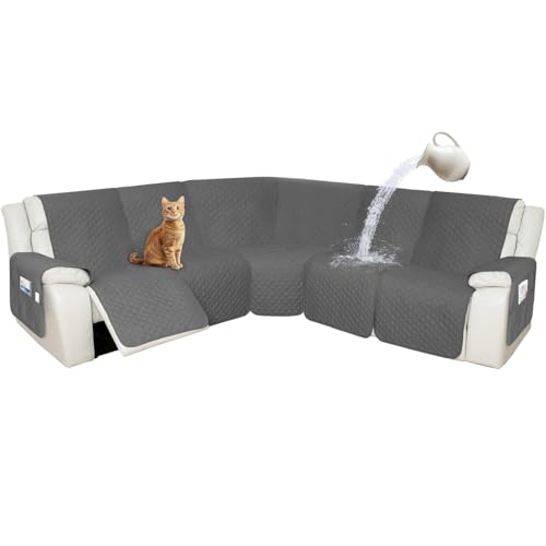Arfntevss Recliner Sectional Couch Covers 1OO% Waterproof L Shape Sofa Cover for Reclining L Shaped Sectional Slipcover Set for Dog Washable Corner Non Slip Furniture Protector (5 Seater, Dark Gray)