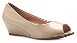 Olivia K Women’s Classic Open Toe Kitten Heel Wedges | Dress, Work, Party Low Heeled Beige Patent