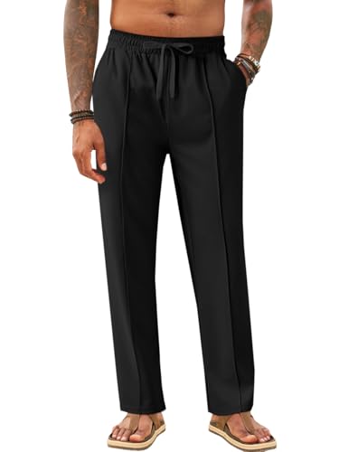 Makkrom Mens Casual Pants Elastic Waist Drawstring Lightweight Summer Loose Beach Straight Leg Pants with Pockets