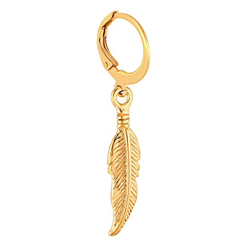 Mens Womens Stainless Steel Huggie Hinged Hoop Earrings with Dangling Vintage Feather Leaf3