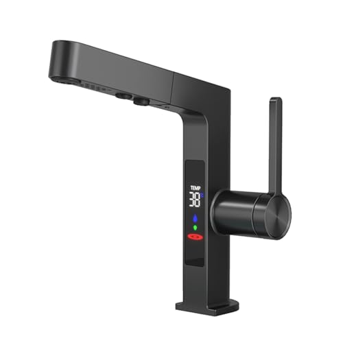 HXYhydrypd Grifo Baño LED con Pantalla de Temperatura, Rociador Extraíble y 2 Modos de Rociado, Grifo Lavabo para Cocina, RV, Bar(Black)