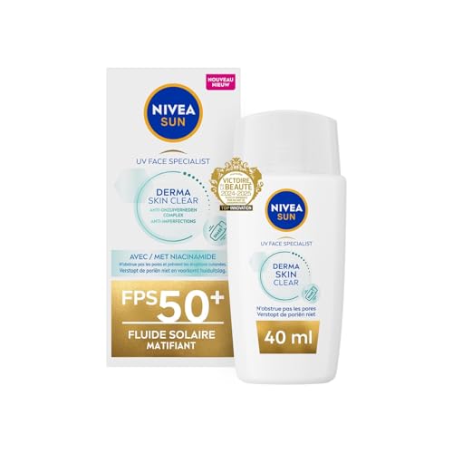 NIVEA SUN Derma Skin Clear Protection Solaire Visage FPS 50+ (1x40ml) - Fluide visage matifiant à la texture ultra-légère - Soin solaire pour les peaux mixtes à grasses