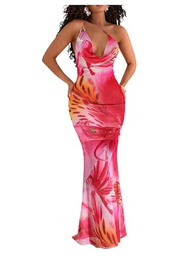 SOLY HUX Women's Floral Tie Dye Maxi Dress One Shoulder Draped Cowl Neck Sleeveless Fishtail Bodycon Long Dresses