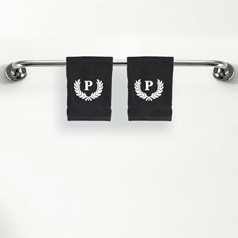 Personalized Custom Monogrammed Black Washcloths Set - 2 Piece, Soft & Absorbent 100% Cotton - Perfect for Gifts, Home, Bathroom, Spa, or Kitchen - Wheat Design with Letter 'P' in White Thread Cover