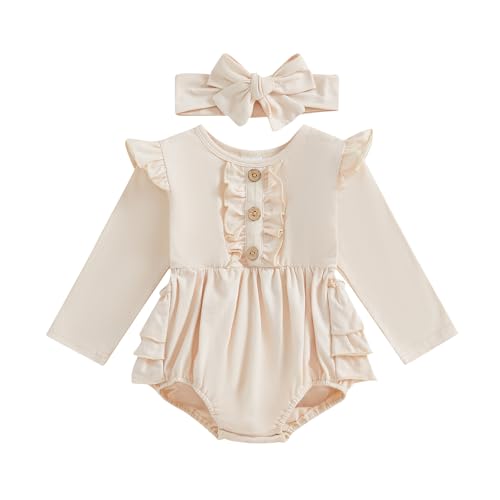 Newborn Baby Girl Outfit Ruffle Bubble Romper Long Sleeve Infant Bodysuit Jumpsuit with Headband Clothes