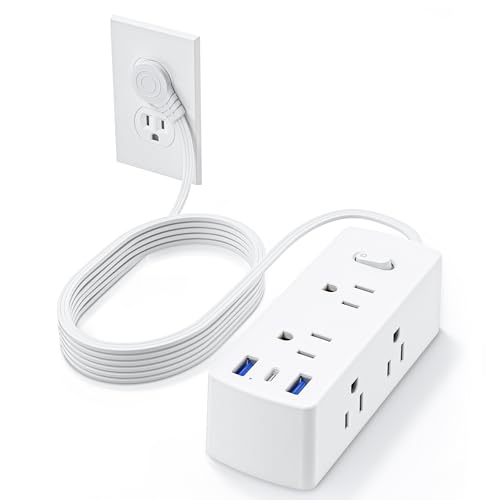 Image of Flat Plug Power Strip, Olcorife Flat Extension Cord 5ft, 6 Outlets 3 USB Ports(1 USB C), 3-Side Outlet Extender Surge Protector for Home Office Travel Dorm Room Essentials, White