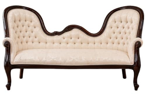 Image of Victorian Style Chaise Lounge, Tufted Cream Upholstery, Mahogany Wood Frame, Classic Living Room Furniture (Cream Ivory)