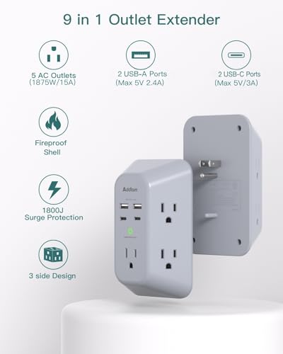 Image of Addtam Surge Protector Outlet Extender, Multi Plug Wall Outlet with 4 USB Ports(PD 20W), 3-Sided 1800J Power Strip Plug Extension Outlet Splitter, Gray