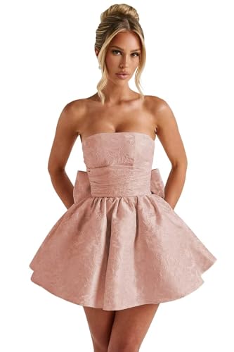 BITALY Jacquard Satin Homecoming Dresses for Teens with Bow Strapless A Line Short Cocktail Dress BI188