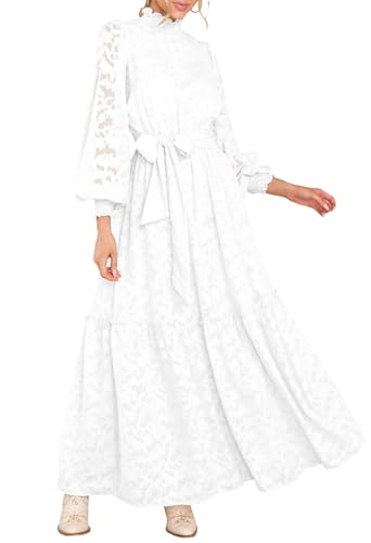 MITILLY Women's Fall Dresses Elegant Floral High Neck Long Sleeve Elastic Waist Formal Maxi Dress with Belt