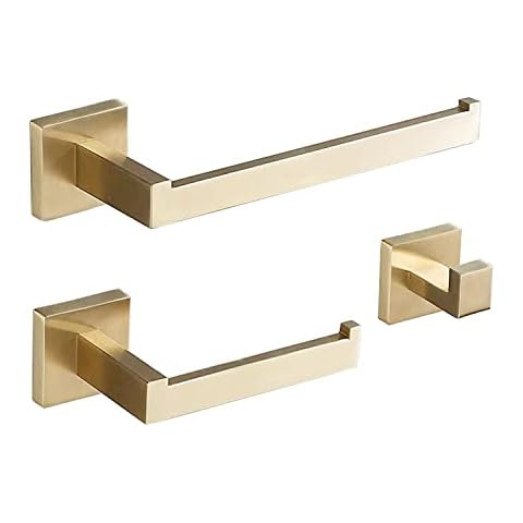 Bathroom Accessory Set, NEWRAIN Towel Holder for Bathrooms, Stainless Steel Hand Towel Holder Toilet Paper Holder Coat hooks,3-Piece Bathroom Accessories Set Brushed Gold Cover