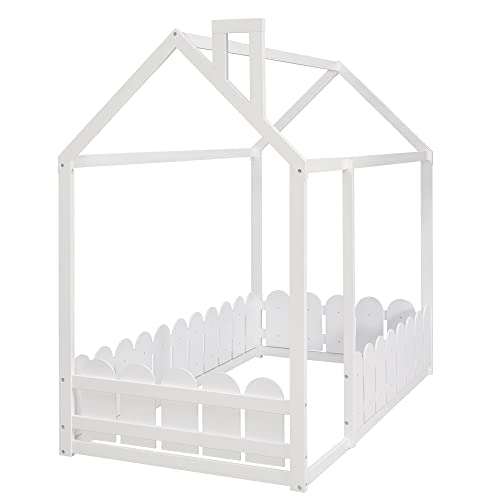 Meritline Twin House Floor Bed For Kids Wood House Bed Frame With Fence & Roof, Montessori Playhouse Bed For Girls Boys Teens (White) #TOP4