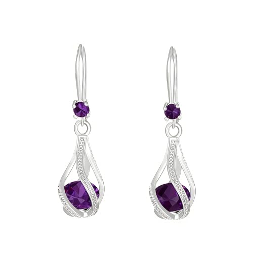 LULUQIFA 925 Sterling Silver Dangle Earrings for Women Cubic Zirconia Dangling Hoop Dainty French Style Drop Hypoallergenic Trendy Jewelry for Mother Wife Daughter Anniversary Birthday Gifts (Purple)