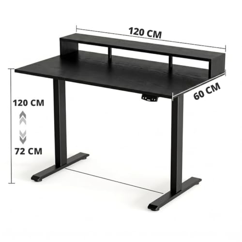 Image of TEKAVO Hirak Electric Height Adjustable Table with Moniter Riser I Standing Desk I Workstation for Home Office I Work Table for Laptop pc I with Storage I 120L x 60W x 70 to 120H CM I Black I DIY