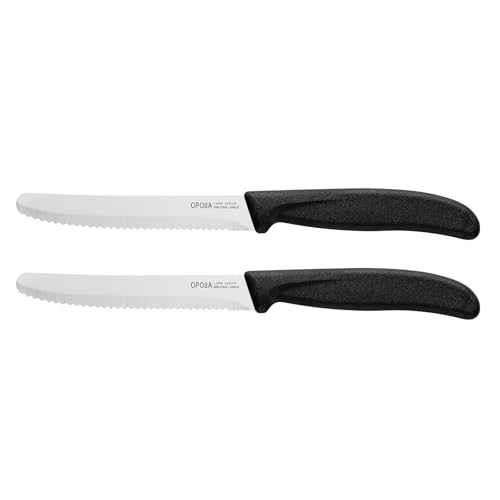 OPOLIA Tomato Knives Black Table Knife Set of 2 Serrated Kitchen Knive Stainless Steel Sharp Dinner Knife Utility Knifes Ergonomic Handle Paring Knives for Vegetable and Fruits Dishwasher Safe