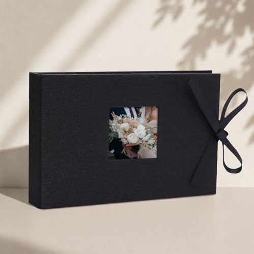 Vienrose Small Photo Album 4x6, Mini Picture Book with 26 Pockets Holds 52 Photos, Linen Cover Slip-in Photo Book with Display Window for Travel Wedding Memories, Postcards Photobook Black 1 Pack