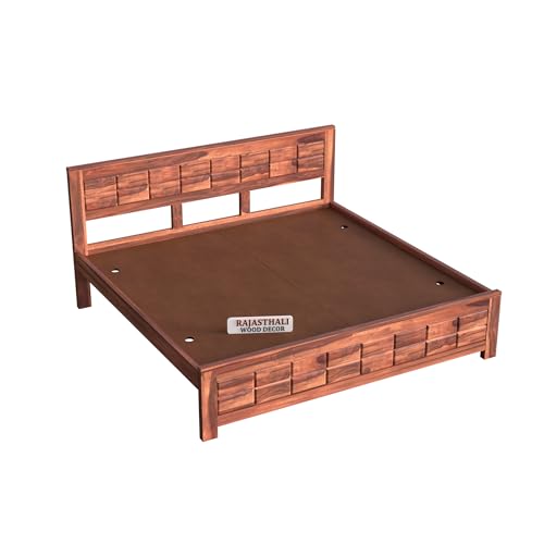 Image of Urban Block Panel Sheesham Wood King Size Bed Without Storage (81x74 Inch) | Wooden Double Bed Cot for Bedroom Furniture | Modern Palang Design | Honey Finish