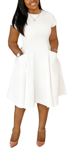 Image of Summer Dresses for Women Semi-Formal Fit Casual Slim Short Sleeve O-Neck Elegant Swing A Line Midi Dresses with Pockets