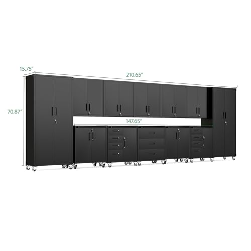 Image of 12-Piece Heavy Duty Steel Garage Cabinet System | All-in-One Modular Garage Cabinet Set for Ultimate Workshop Organization | Easy Assembly Garage Storage Cabinets & Tool Bench (Black)