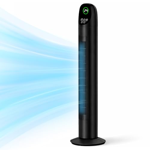 HI-FINE Tower Fan DC Motor High Velocity 20dB Ultra Quiet Standing Fan 90 Oscillating Bladeless Fan for Indoors Floor Fans with Remote (T2 Black)