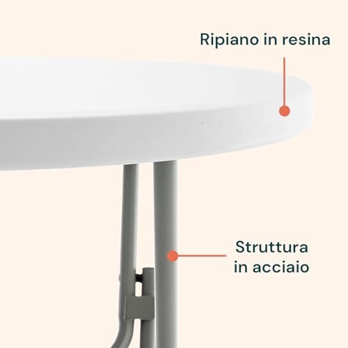 Avilia Klapptisch, rund, weiß, Ø80 cm, Platte aus Harz und Gestell aus Stahl, zusammenklappbar, für Innen und Außen, modernes Design, einfach zu bedienen und platzsparend